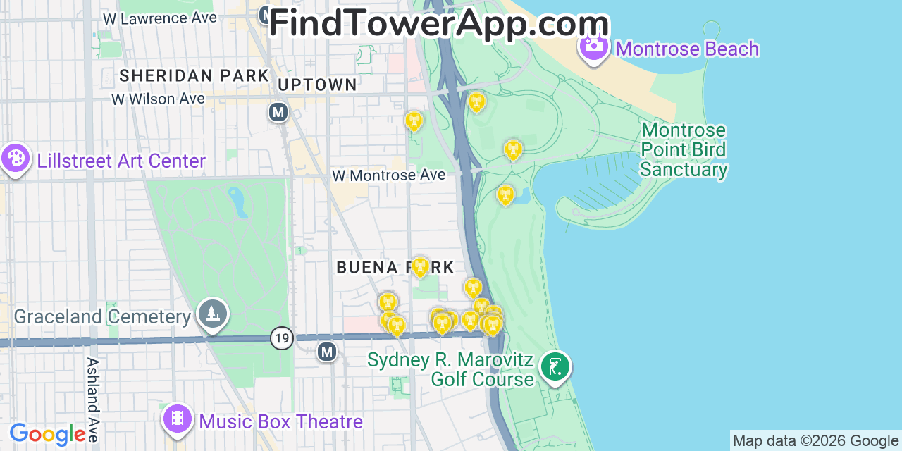 Map showing the 20 primary cell tower locations detected in Lincoln Park, Illinois from AT&T, Verizon, and T-Mobile networks