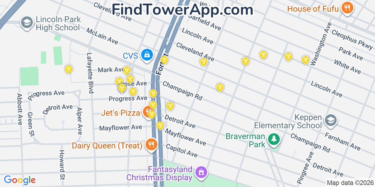 Map showing the 20 primary cell tower locations detected in Lincoln Park, Michigan from AT&T, Verizon, and T-Mobile networks