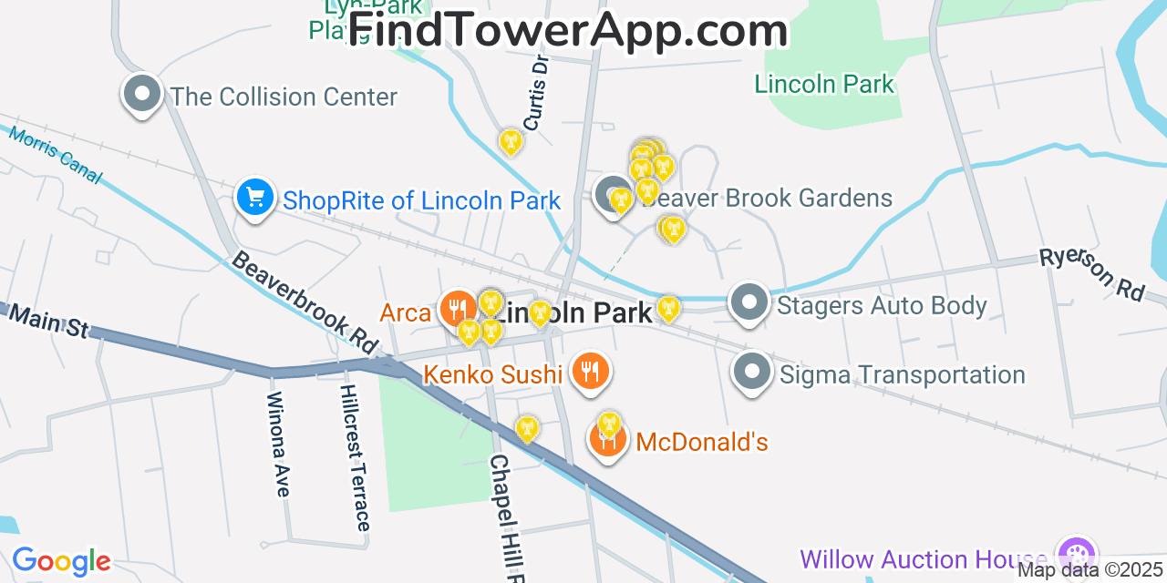 Map showing the 20 primary cell tower locations detected in Lincoln Park, New Jersey from AT&T, Verizon, and T-Mobile networks