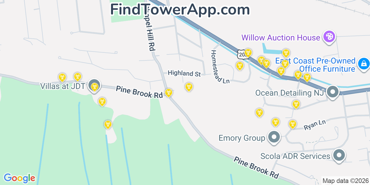 Map showing the 20 primary cell tower locations detected in Lincoln Park, New Jersey from AT&T, Verizon, and T-Mobile networks