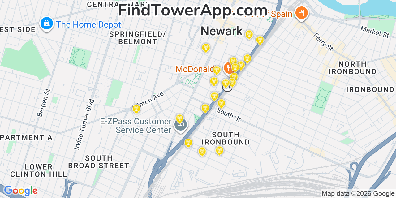 Map showing the 20 primary cell tower locations detected in Lincoln Park, New York from AT&T, Verizon, and T-Mobile networks