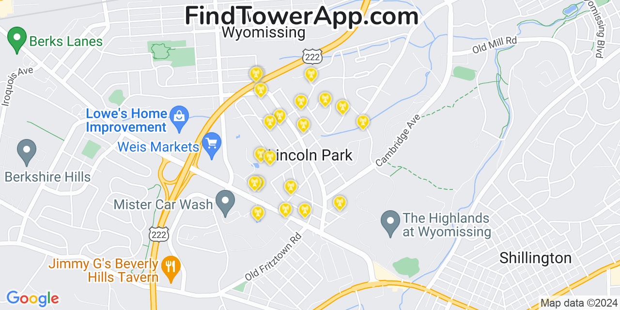 AT&T 4G/5G cell tower coverage map Lincoln Park, Pennsylvania