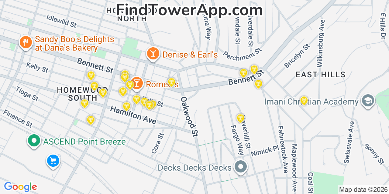 Map showing the 20 primary cell tower locations detected in Lincoln Park, Pennsylvania from AT&T, Verizon, and T-Mobile networks