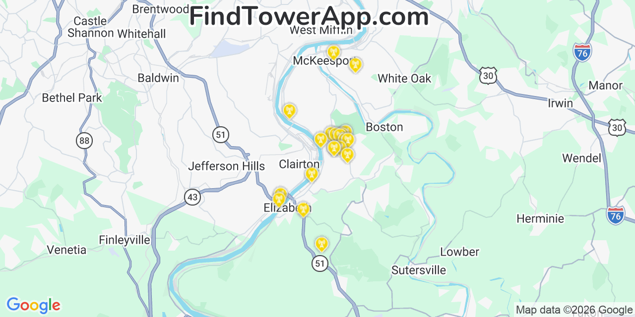Map showing the 20 primary cell tower locations detected in Lincoln, Pennsylvania from AT&T, Verizon, and T-Mobile networks
