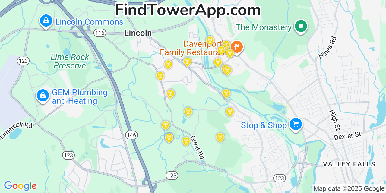 Map showing the 20 primary cell tower locations detected in Lincoln, Rhode Island from AT&T, Verizon, and T-Mobile networks