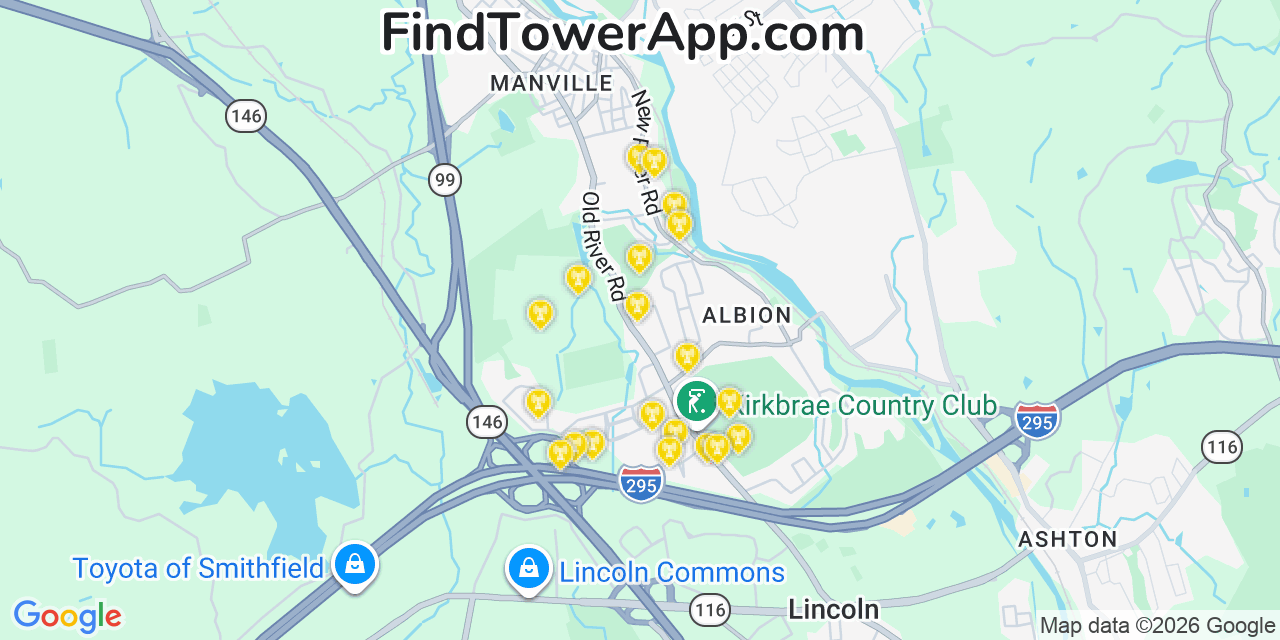 Map showing the 20 primary cell tower locations detected in Lincoln, Rhode Island from AT&T, Verizon, and T-Mobile networks