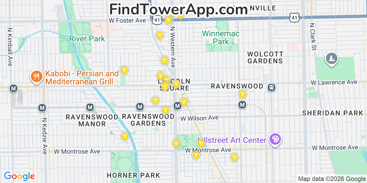 Map showing the 20 primary cell tower locations detected in Lincoln Square, Illinois from AT&T, Verizon, and T-Mobile networks