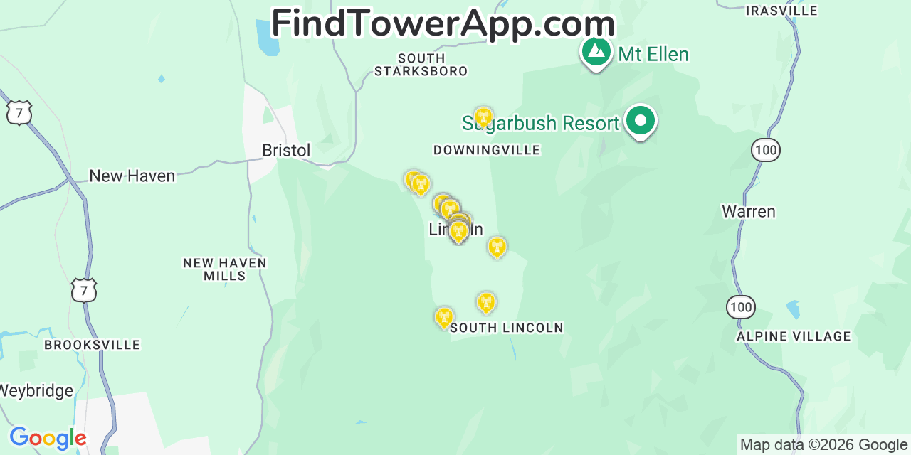Map showing the 20 primary cell tower locations detected in Lincoln, Vermont from AT&T, Verizon, and T-Mobile networks