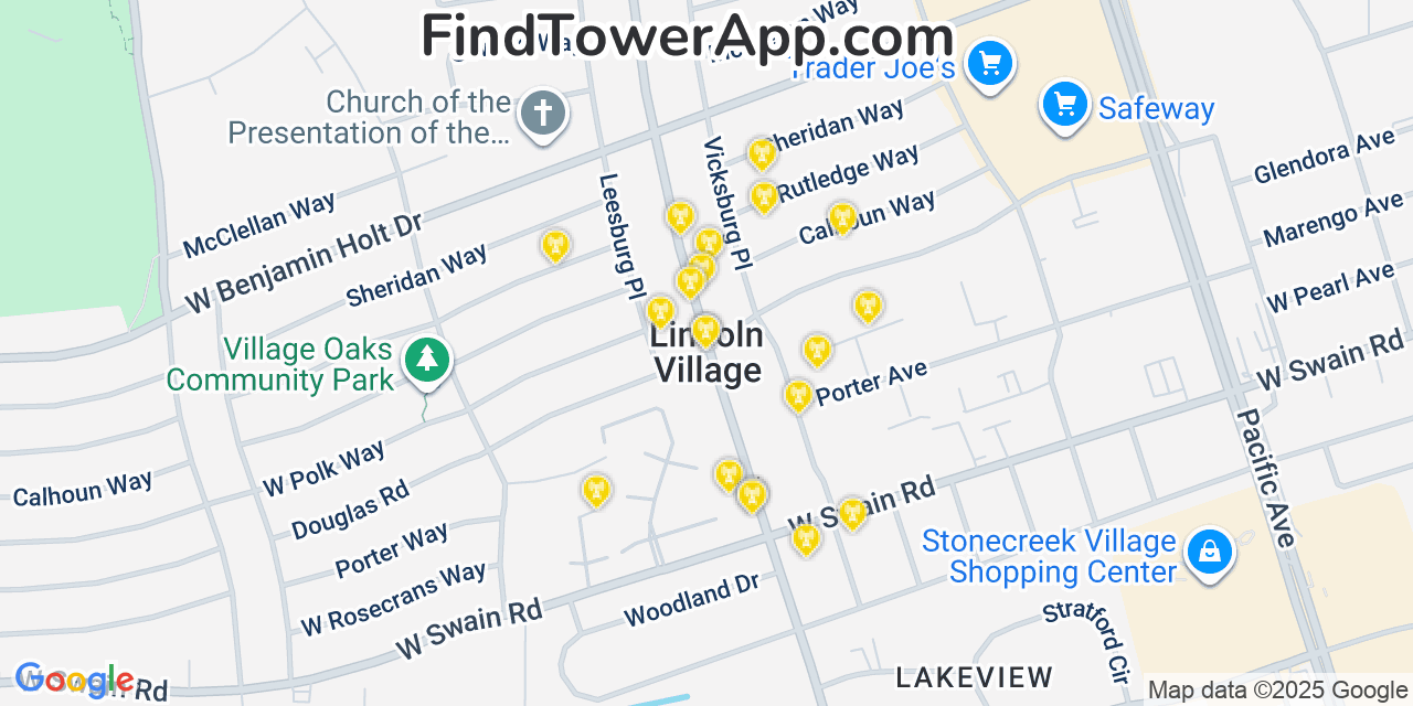 Map showing the 20 primary cell tower locations detected in Lincoln Village, California from AT&T, Verizon, and T-Mobile networks