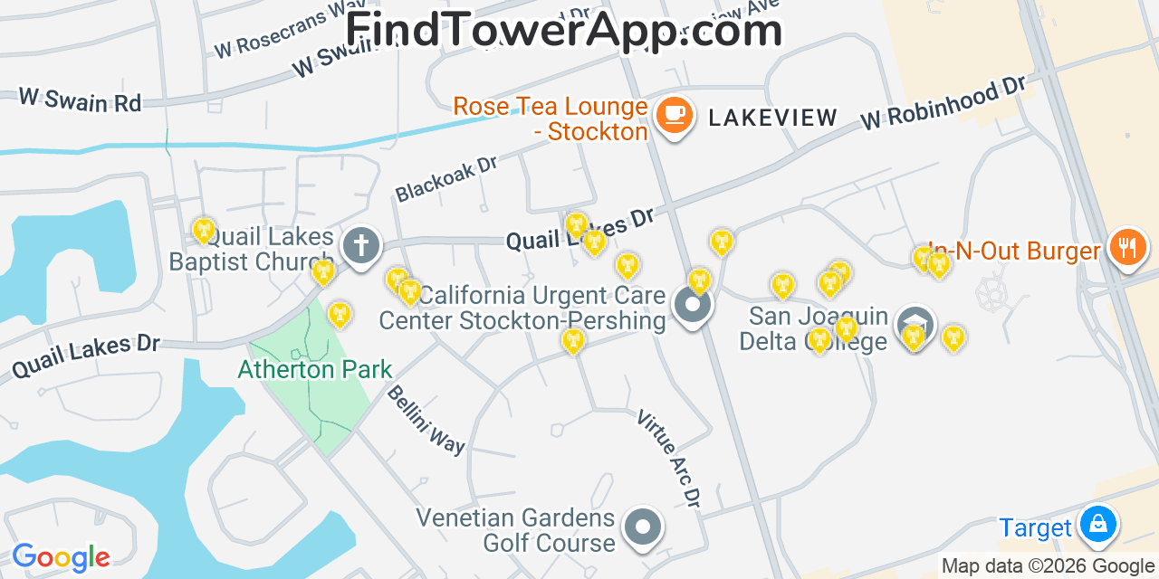 Map showing the 20 primary cell tower locations detected in Lincoln Village, California from AT&T, Verizon, and T-Mobile networks