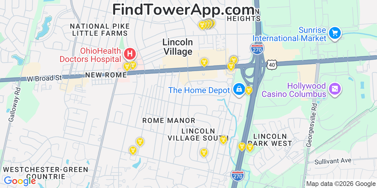 Map showing the 20 primary cell tower locations detected in Lincoln Village, Ohio from AT&T, Verizon, and T-Mobile networks