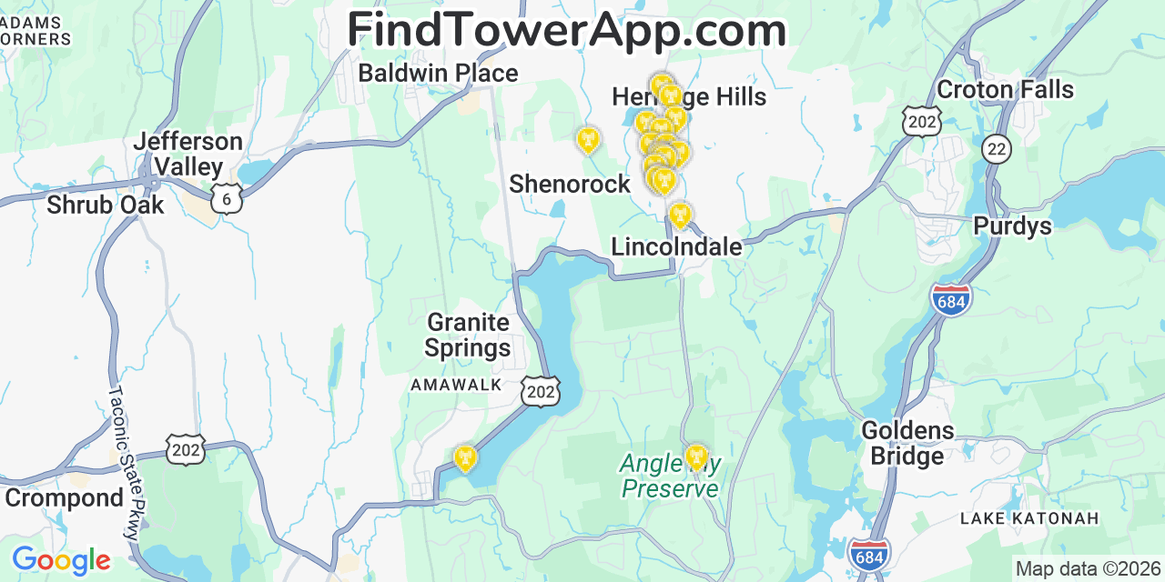 Map showing the 20 primary cell tower locations detected in Lincolndale, New York from AT&T, Verizon, and T-Mobile networks