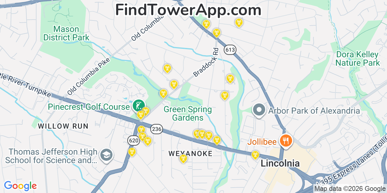 Map showing the 20 primary cell tower locations detected in Lincolnia, Virginia from AT&T, Verizon, and T-Mobile networks