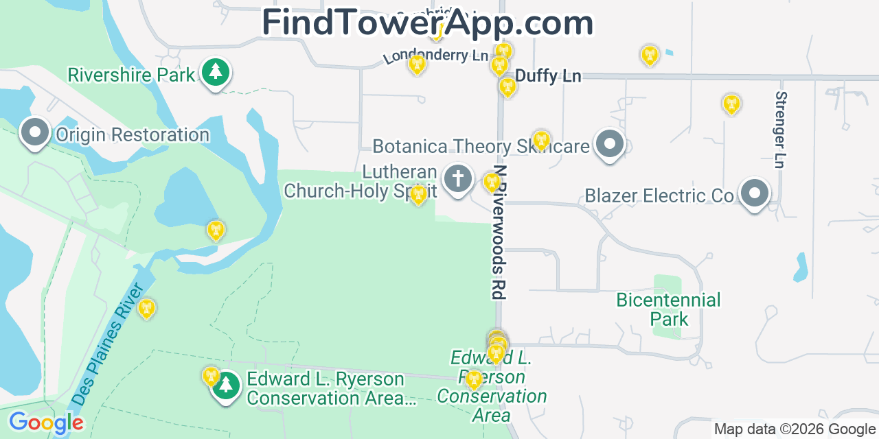 Map showing the 20 primary cell tower locations detected in Lincolnshire, Illinois from AT&T, Verizon, and T-Mobile networks