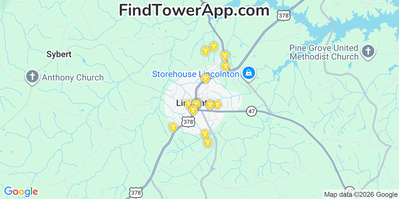Map showing the 20 primary cell tower locations detected in Lincolnton, Georgia from AT&T, Verizon, and T-Mobile networks