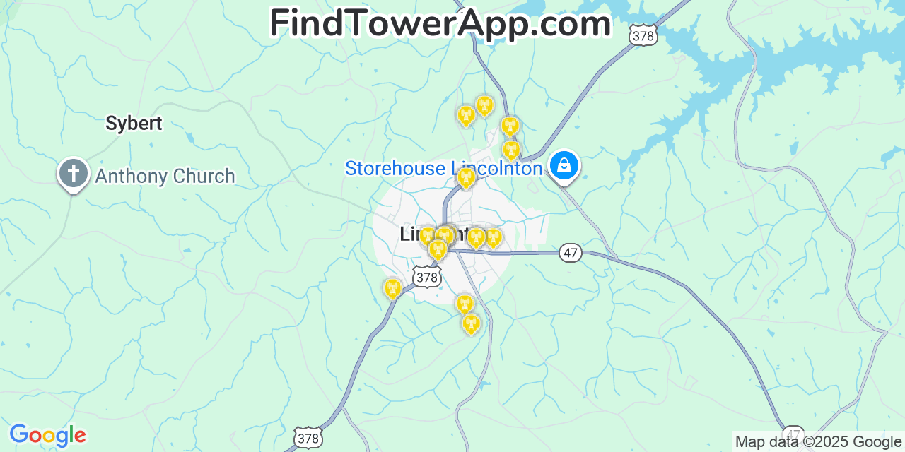 Map showing the 20 primary Mobitel cell tower locations detected in Lincolnton, Georgia with coverage radius and signal strength indicators