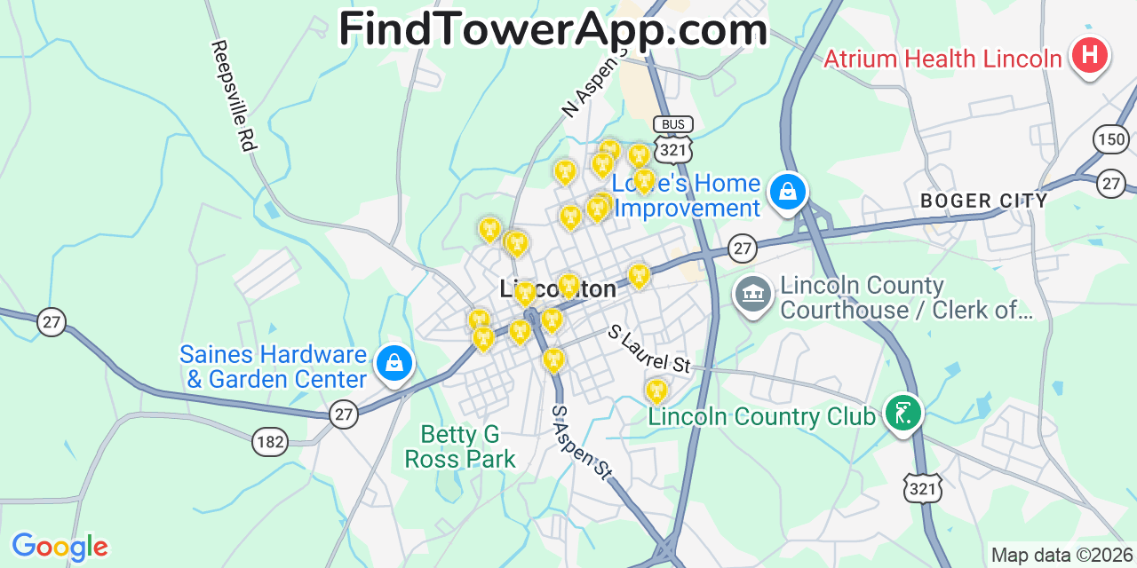 Map showing the 20 primary cell tower locations detected in Lincolnton, North Carolina from AT&T, Verizon, and T-Mobile networks