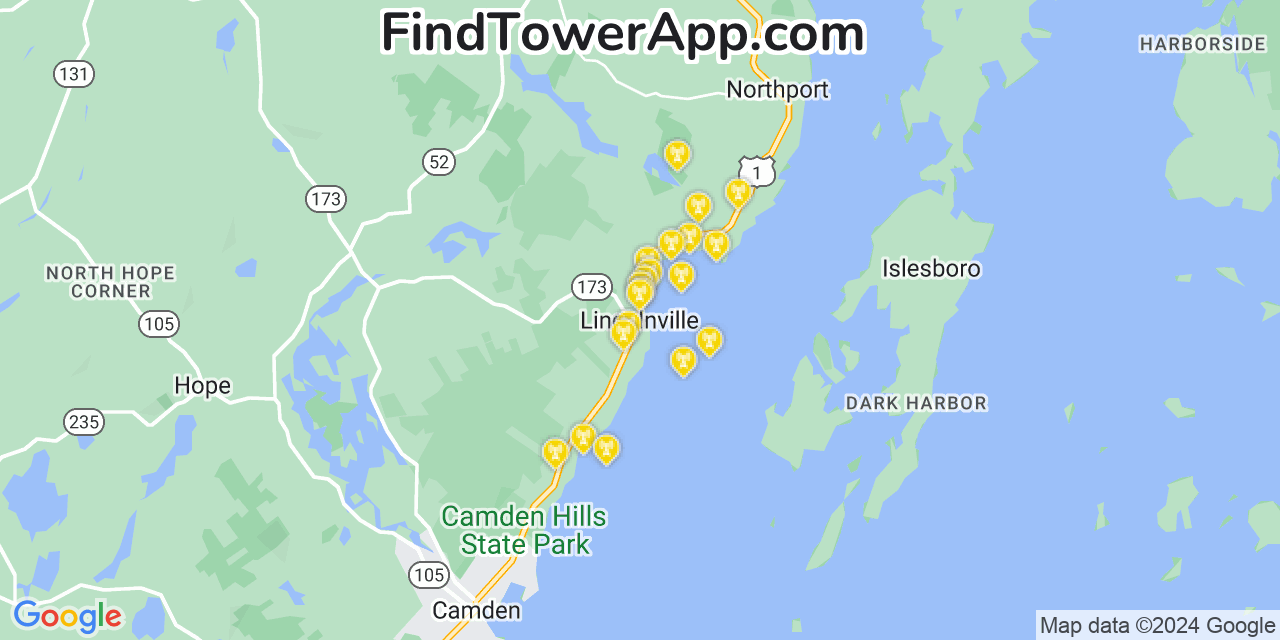 AT&T 4G/5G cell tower coverage map Lincolnville, Maine