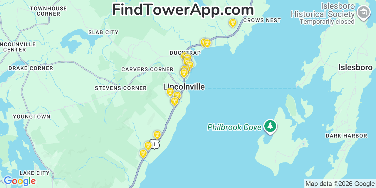 Map showing the 20 primary cell tower locations detected in Lincolnville, Maine from AT&T, Verizon, and T-Mobile networks