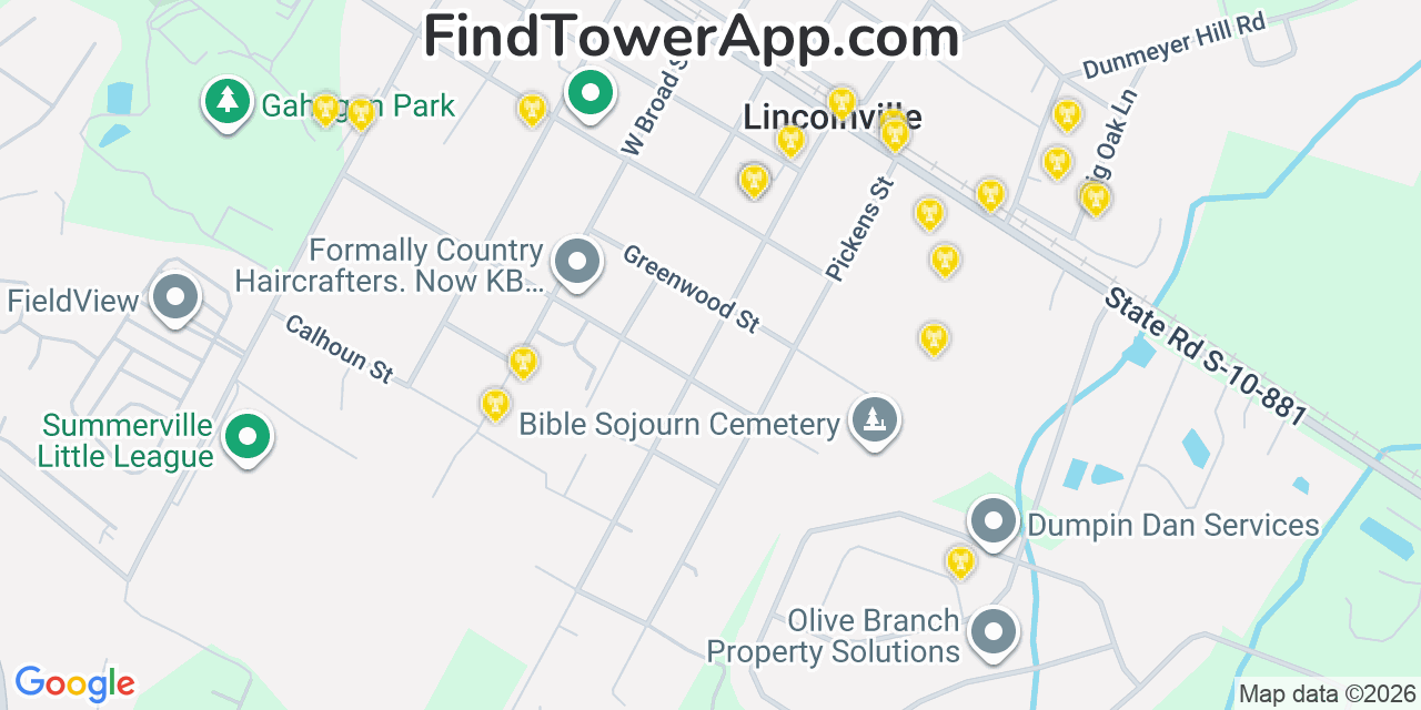 Map showing the 20 primary cell tower locations detected in Lincolnville, South Carolina from AT&T, Verizon, and T-Mobile networks