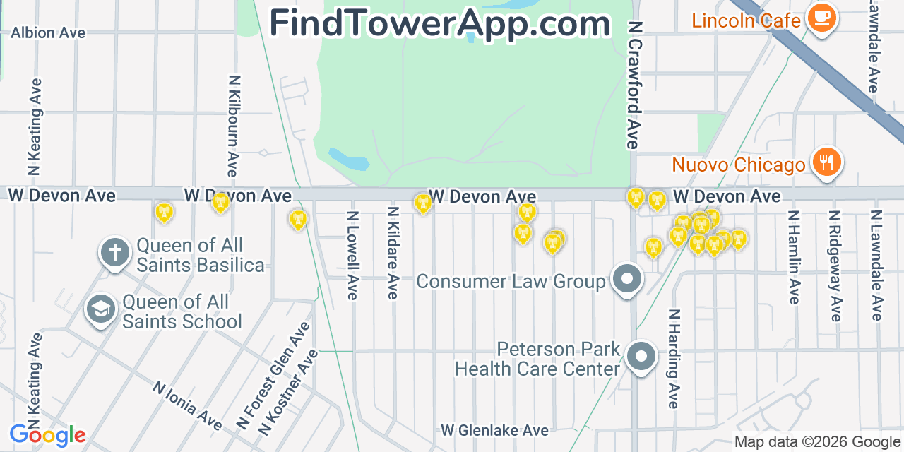 Map showing the 20 primary cell tower locations detected in Lincolnwood, Illinois from AT&T, Verizon, and T-Mobile networks