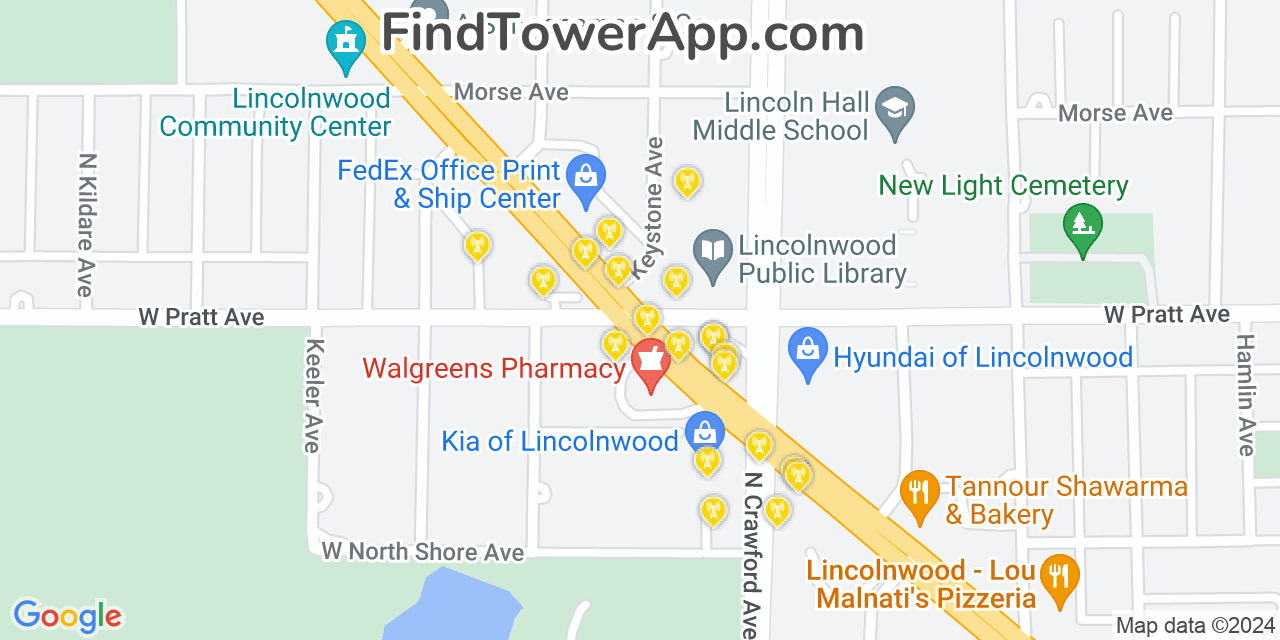 Verizon 4G/5G cell tower coverage map Lincolnwood, Illinois