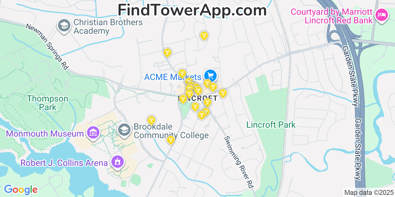 Map showing the 20 primary cell tower locations detected in Lincroft, New Jersey from AT&T, Verizon, and T-Mobile networks