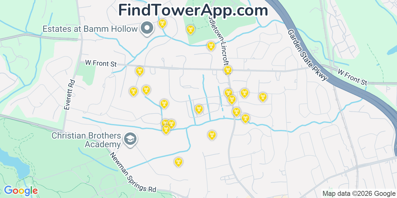 Map showing the 20 primary cell tower locations detected in Lincroft, New Jersey from AT&T, Verizon, and T-Mobile networks