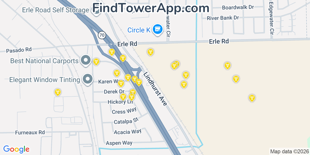 Map showing the 20 primary cell tower locations detected in Linda, California from AT&T, Verizon, and T-Mobile networks