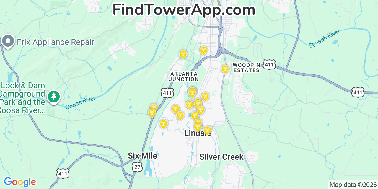 Map showing the 20 primary cell tower locations detected in Lindale, Georgia from AT&T, Verizon, and T-Mobile networks