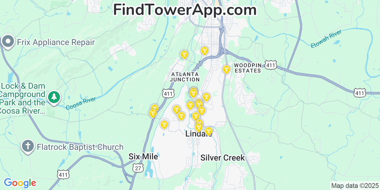 Map showing the 20 primary Mobitel cell tower locations detected in Lindale, Georgia with coverage radius and signal strength indicators