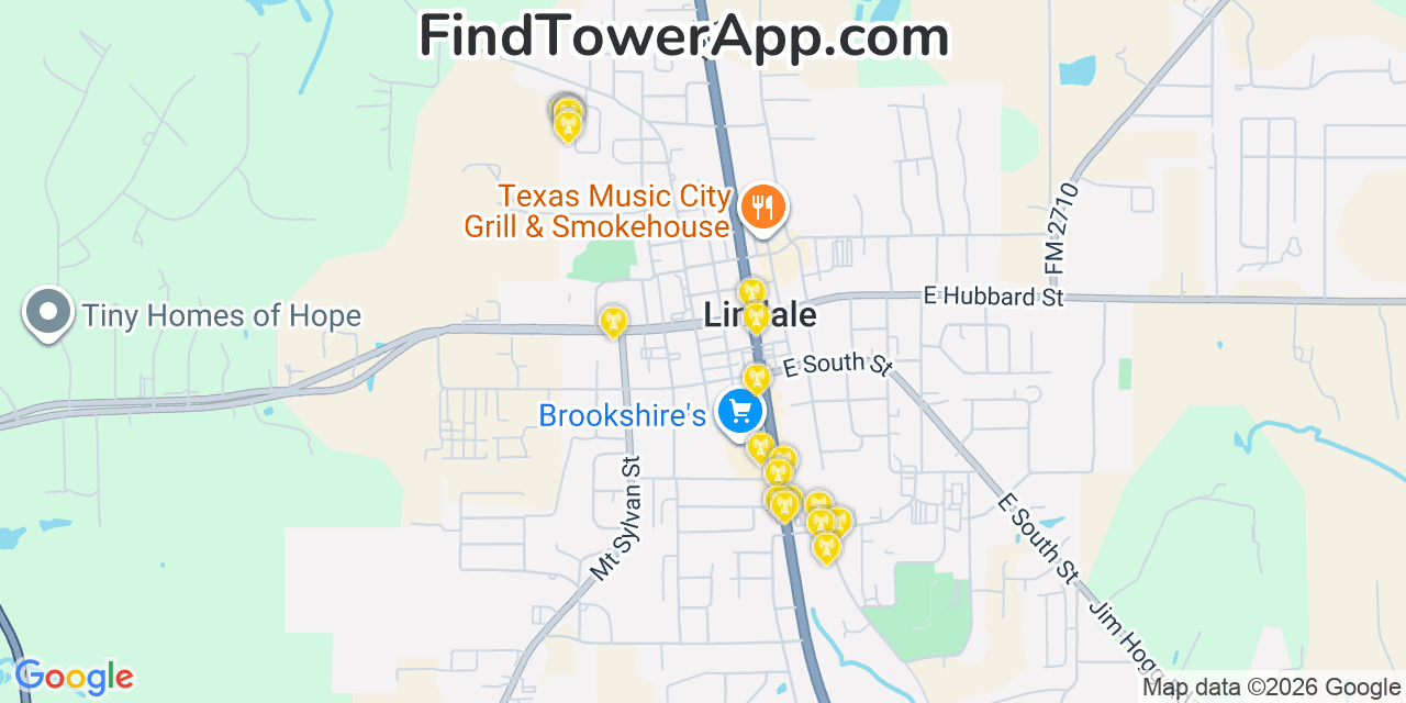 Map showing the 20 primary cell tower locations detected in Lindale, Texas from AT&T, Verizon, and T-Mobile networks