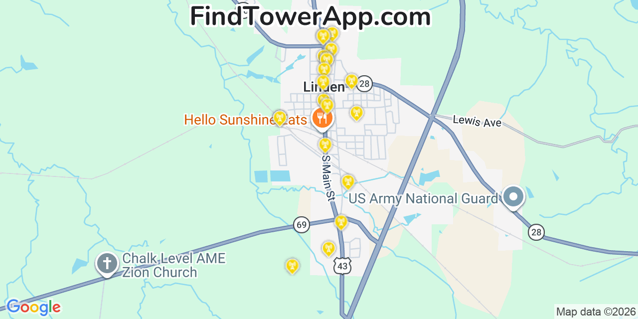 Map showing the 20 primary cell tower locations detected in Linden, Alabama from AT&T, Verizon, and T-Mobile networks