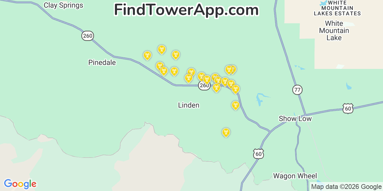 Map showing the 20 primary cell tower locations detected in Linden, Arizona from AT&T, Verizon, and T-Mobile networks