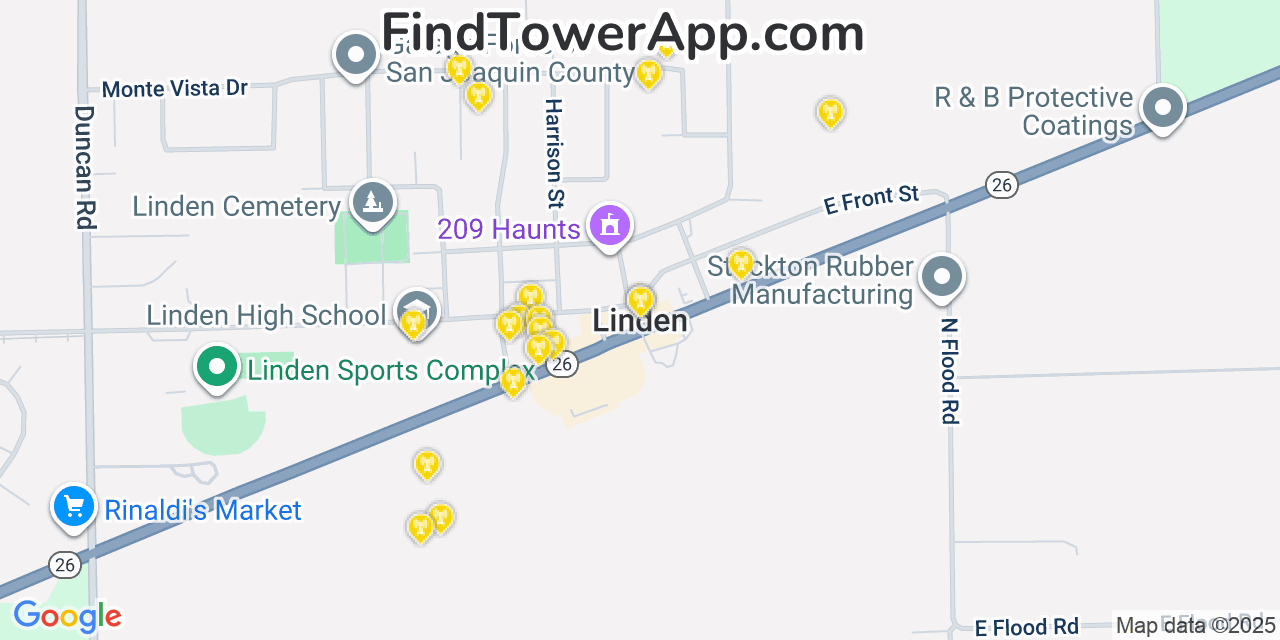 Map showing the 20 primary cell tower locations detected in Linden, California from AT&T, Verizon, and T-Mobile networks