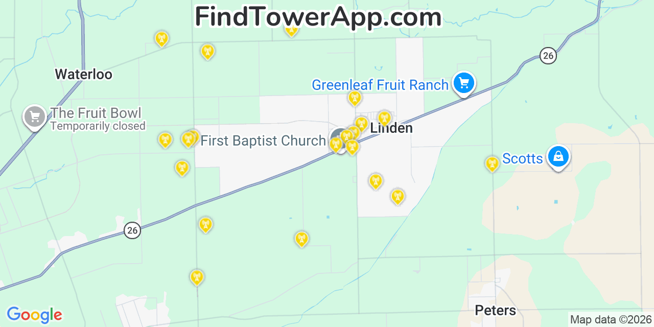 Map showing the 20 primary cell tower locations detected in Linden, California from AT&T, Verizon, and T-Mobile networks