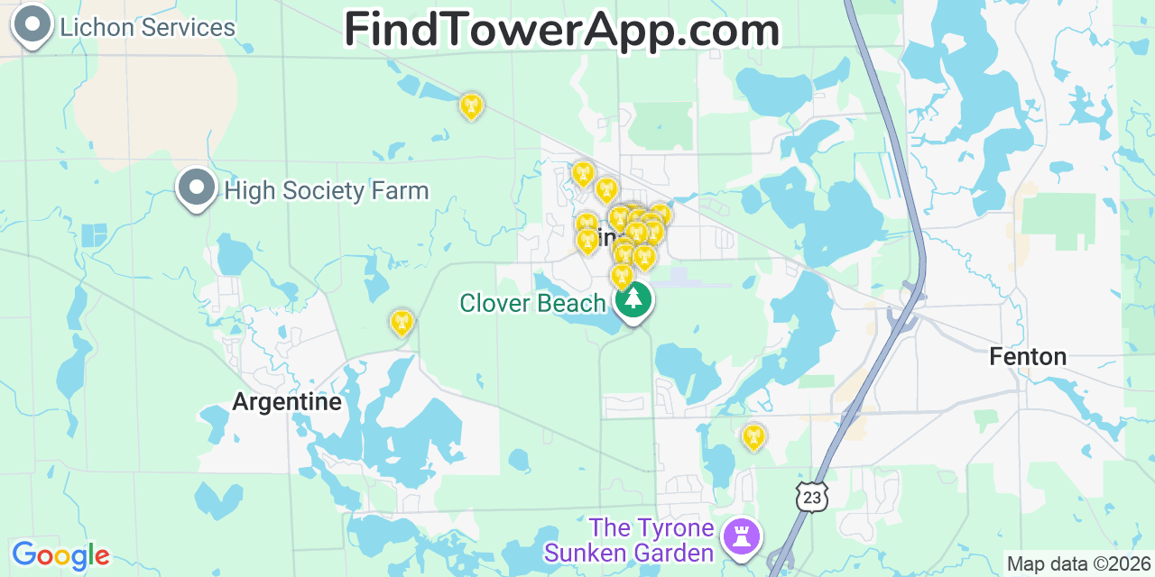 Map showing the 20 primary cell tower locations detected in Linden, Michigan from AT&T, Verizon, and T-Mobile networks
