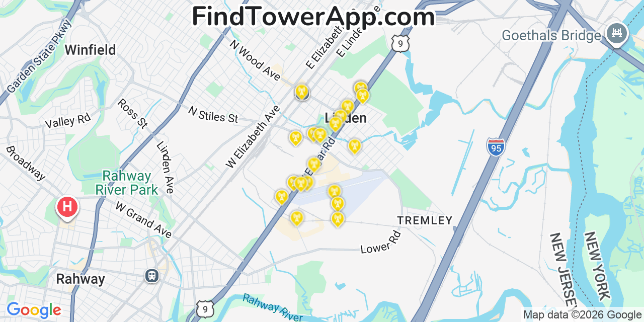 Map showing the 20 primary cell tower locations detected in Linden, New Jersey from AT&T, Verizon, and T-Mobile networks