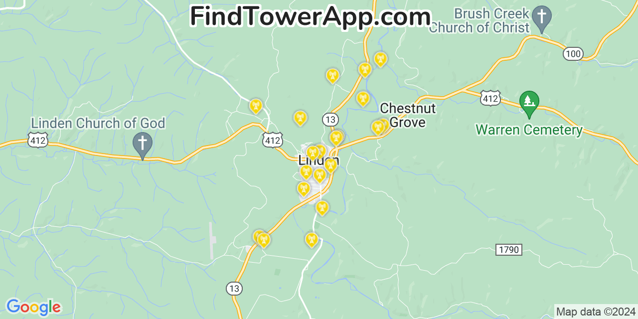 AT&T 4G/5G cell tower coverage map Linden, Tennessee