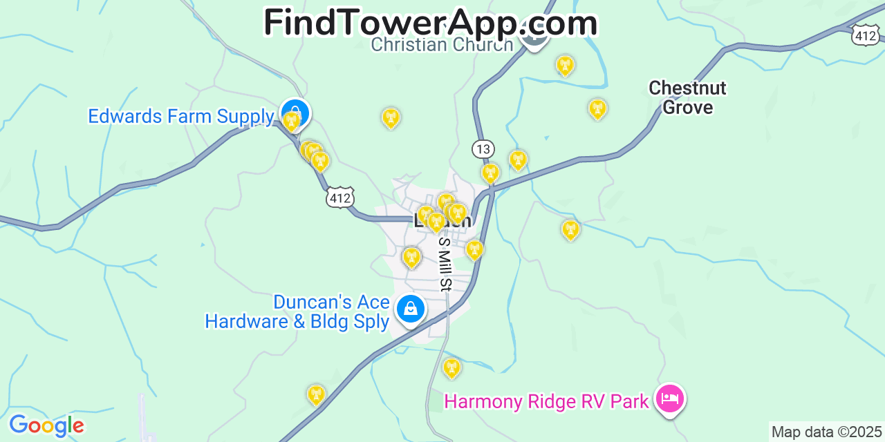 Map showing the 20 primary cell tower locations detected in Linden, Tennessee from AT&T, Verizon, and T-Mobile networks