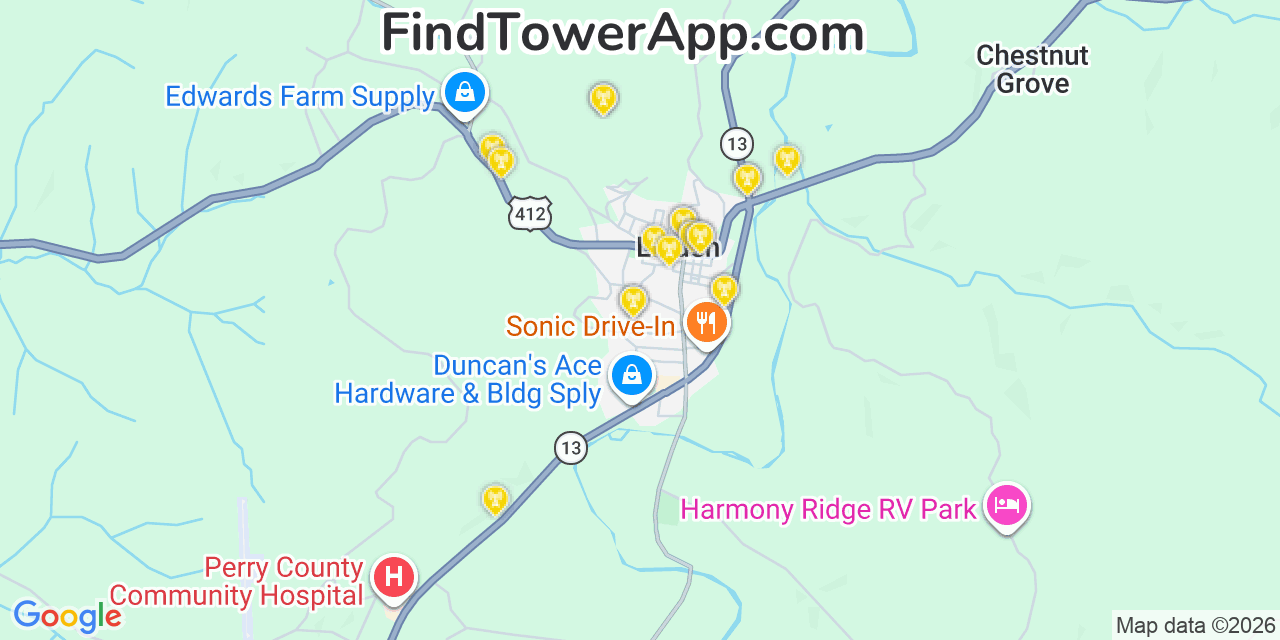 Map showing the 20 primary cell tower locations detected in Linden, Tennessee from AT&T, Verizon, and T-Mobile networks