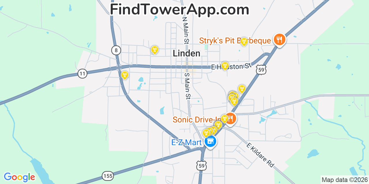 Map showing the 20 primary cell tower locations detected in Linden, Texas from AT&T, Verizon, and T-Mobile networks
