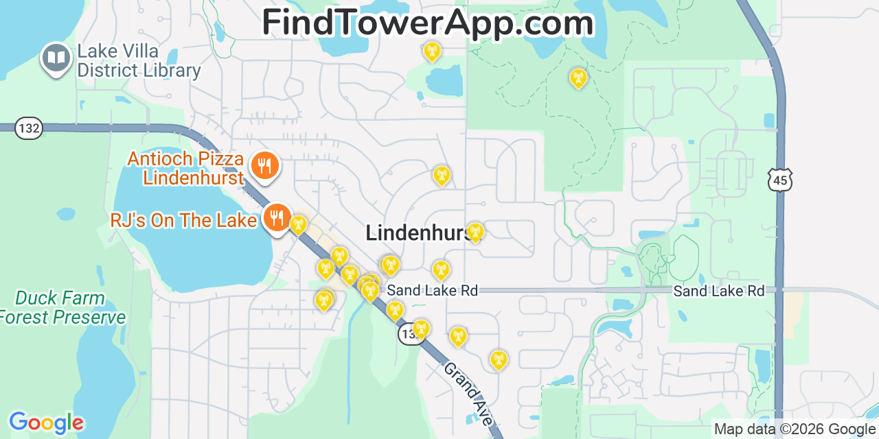 Map showing the 20 primary cell tower locations detected in Lindenhurst, Illinois from AT&T, Verizon, and T-Mobile networks