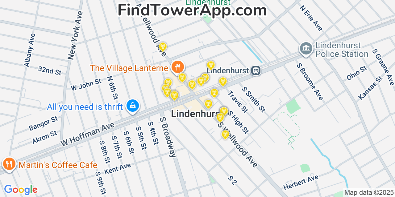 Map showing the 20 primary cell tower locations detected in Lindenhurst, New York from AT&T, Verizon, and T-Mobile networks