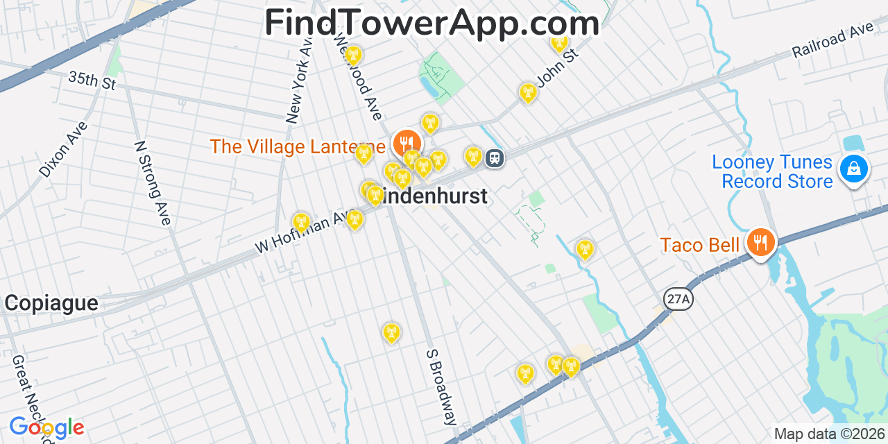 Map showing the 20 primary cell tower locations detected in Lindenhurst, New York from AT&T, Verizon, and T-Mobile networks