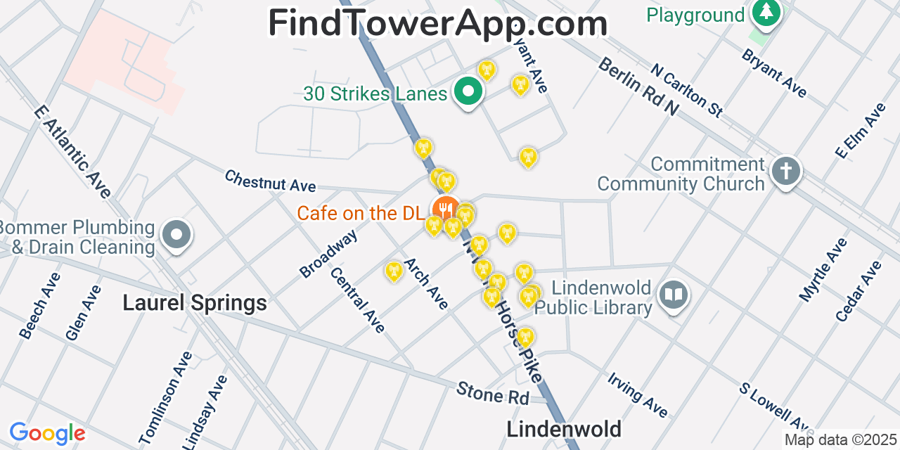 Map showing the 20 primary cell tower locations detected in Lindenwold, New Jersey from AT&T, Verizon, and T-Mobile networks