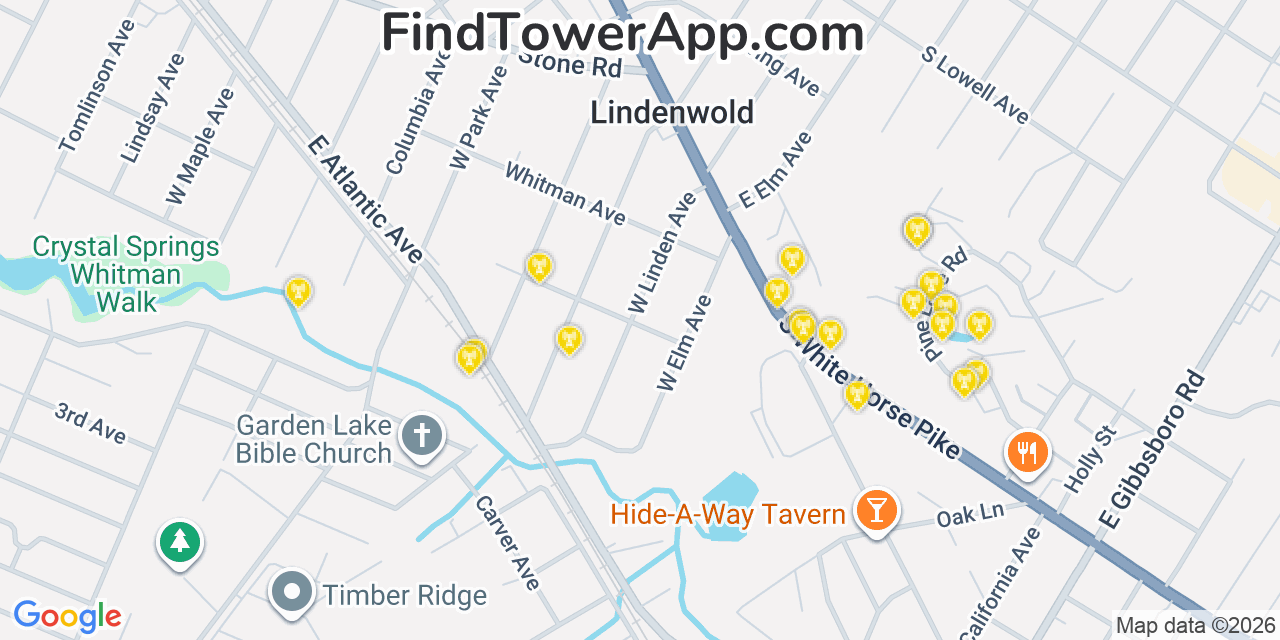 Map showing the 20 primary cell tower locations detected in Lindenwold, New Jersey from AT&T, Verizon, and T-Mobile networks