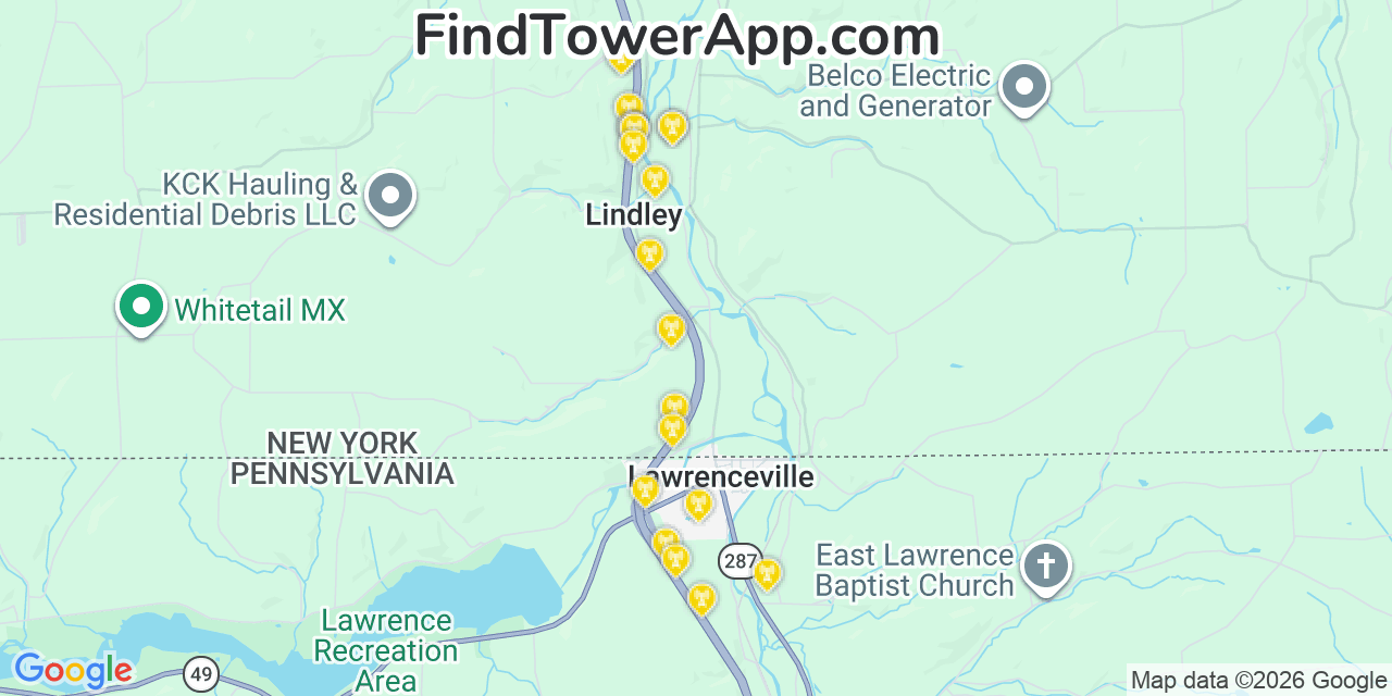 Map showing the 20 primary cell tower locations detected in Lindley, New York from AT&T, Verizon, and T-Mobile networks