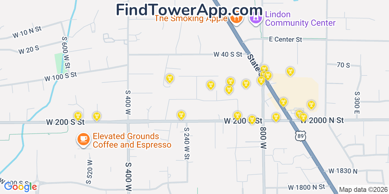 Map showing the 20 primary cell tower locations detected in Lindon, Utah from AT&T, Verizon, and T-Mobile networks