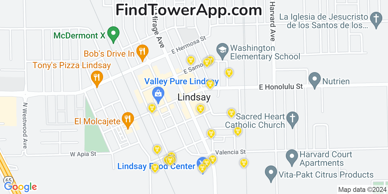 AT&T 4G/5G cell tower coverage map Lindsay, California